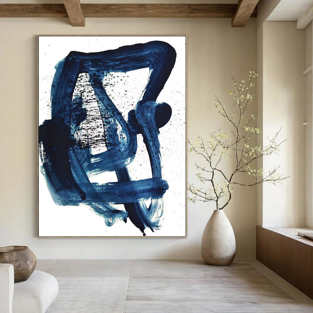 Dark Blue Dynamic Brushstrokes Abstract Painting ADGE161
