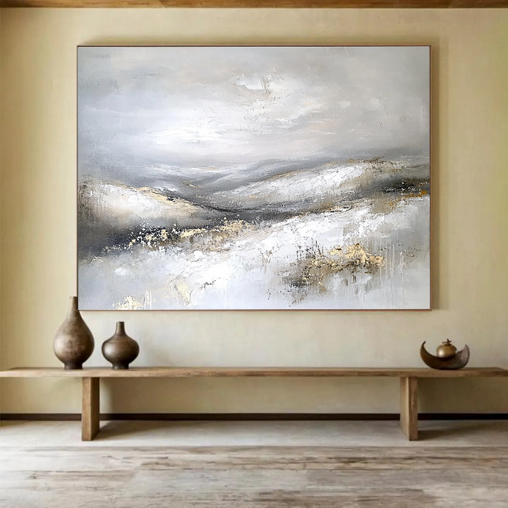 Gray and Gold Mountain Abstract Painting with Textured Peaks DYP243