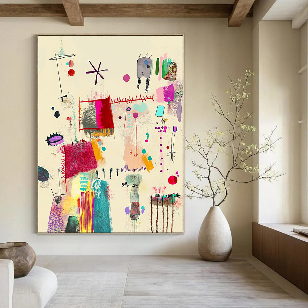 Large abstract painting featuring Mingei style with red lines colorful patterns and embroidered details on a light beige background.STSC1323