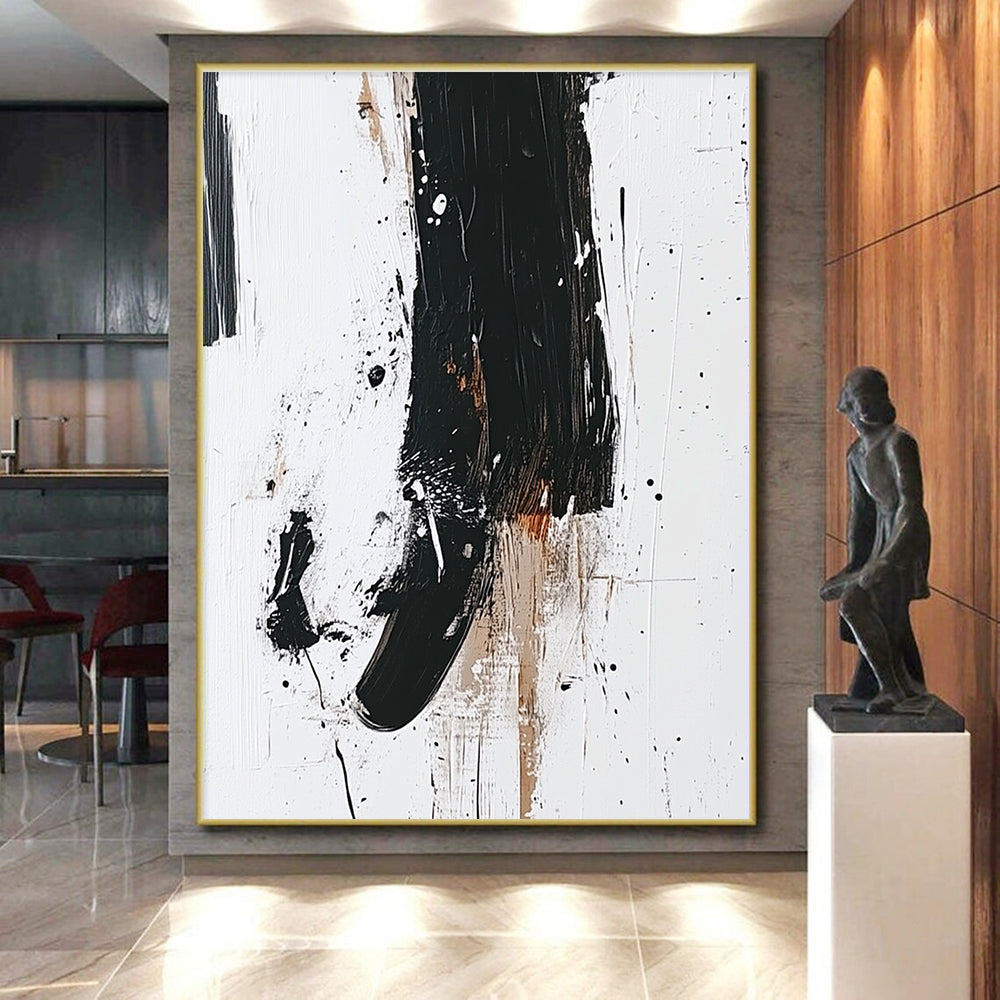 Black Beige and White Abstract Painting with Expressive Splatters GER638