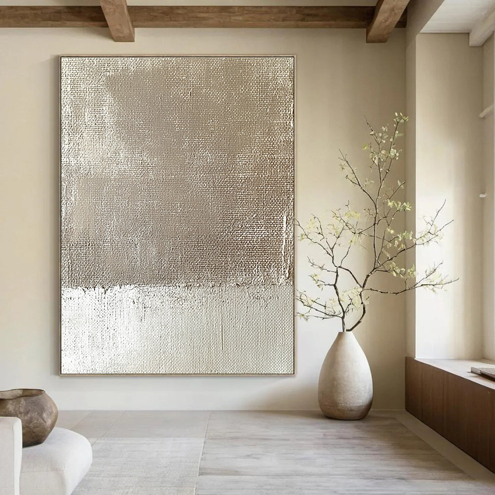 Abstract minimalist painting featuring an old wall with burlap fabric and tattered edges in muted beige and cream tones.STSC565