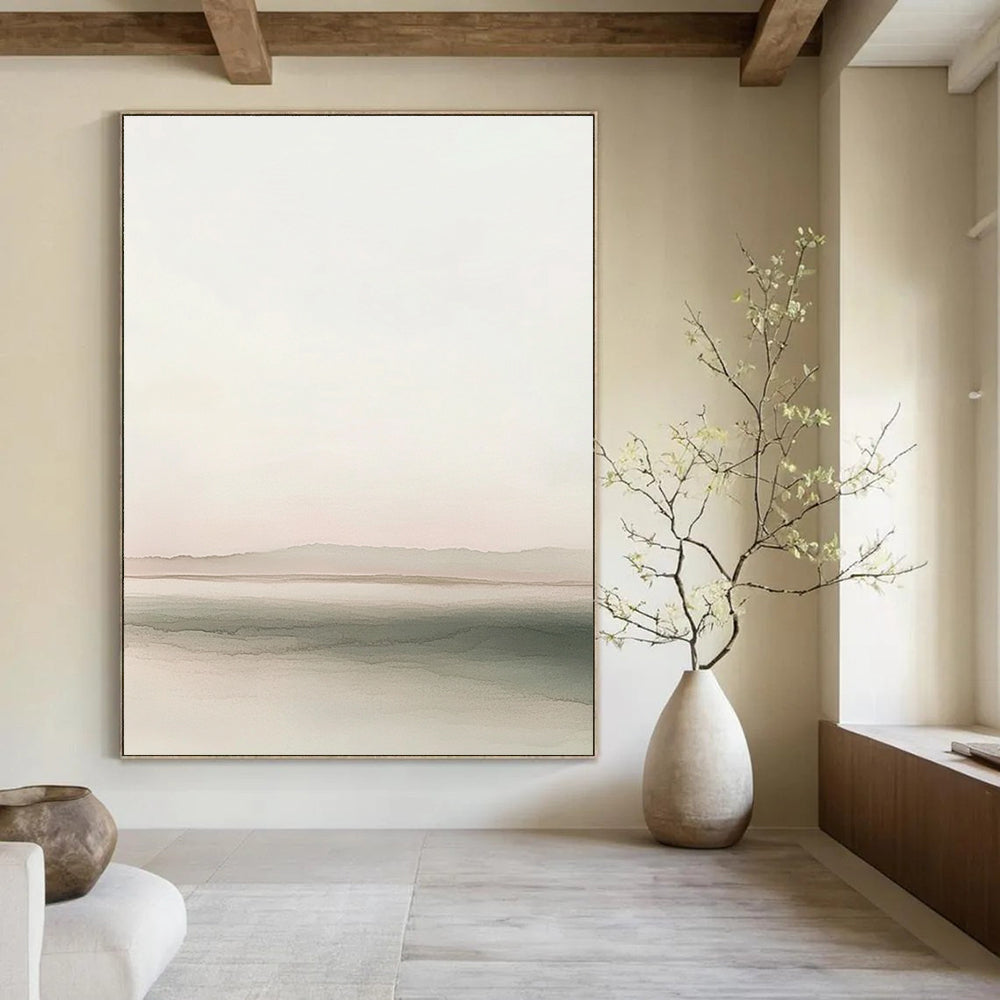 Large abstract painting featuring a soft horizon blending gray to pink with calming waves and distant hills ideal for text or design elements.STSC1242