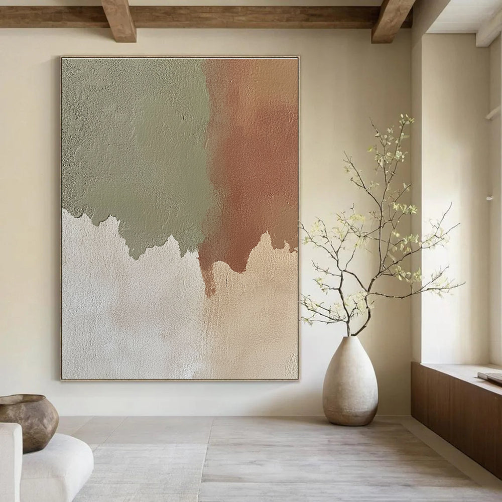 Abstract hand-painted artwork featuring beige paint with green shadows and reddish-brown shapes showcasing neutral tones and subtle color contrast.STSC488
