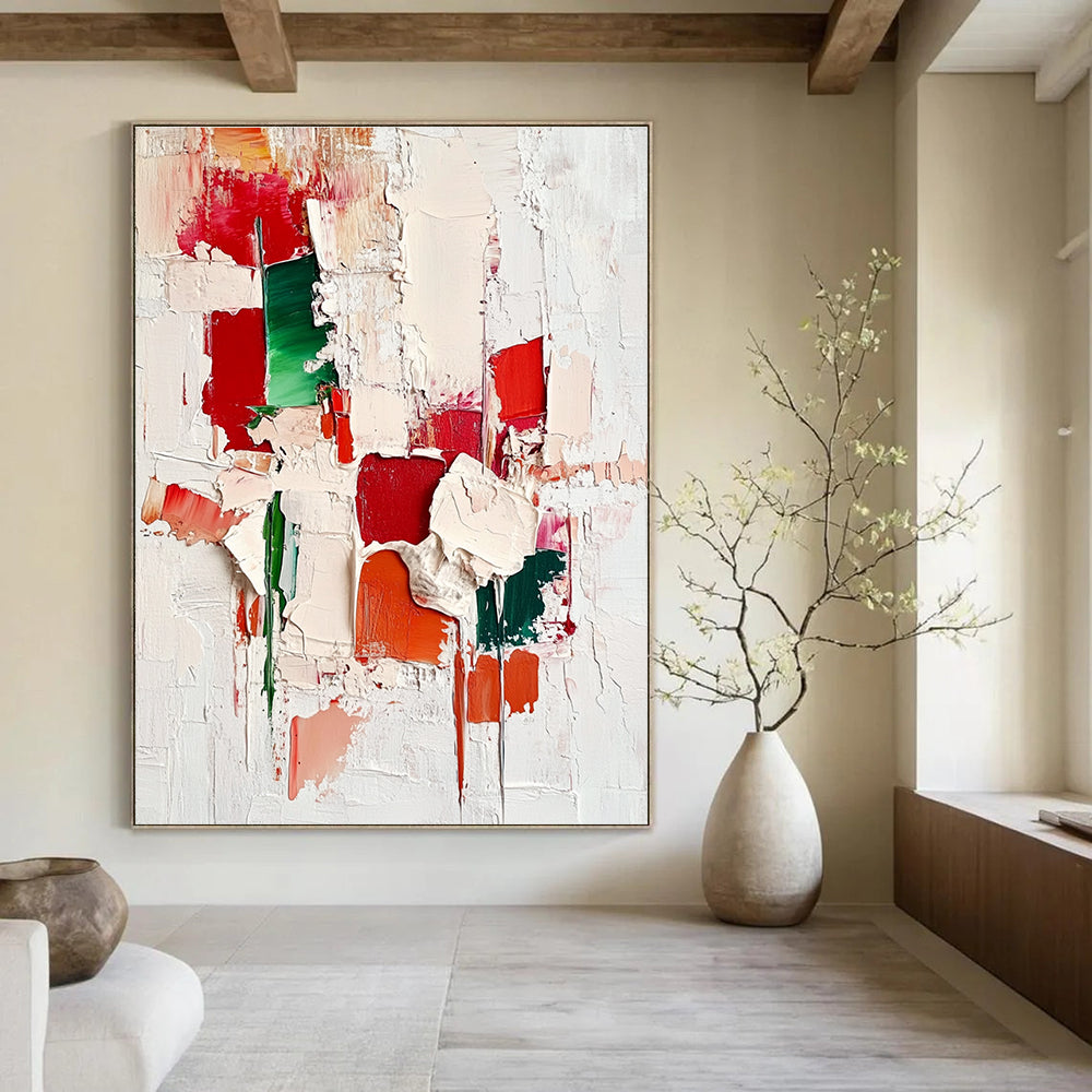 Large abstract painting with red green and white impasto textures showcasing intricate cityscape patterns on an off-white background.STSC327