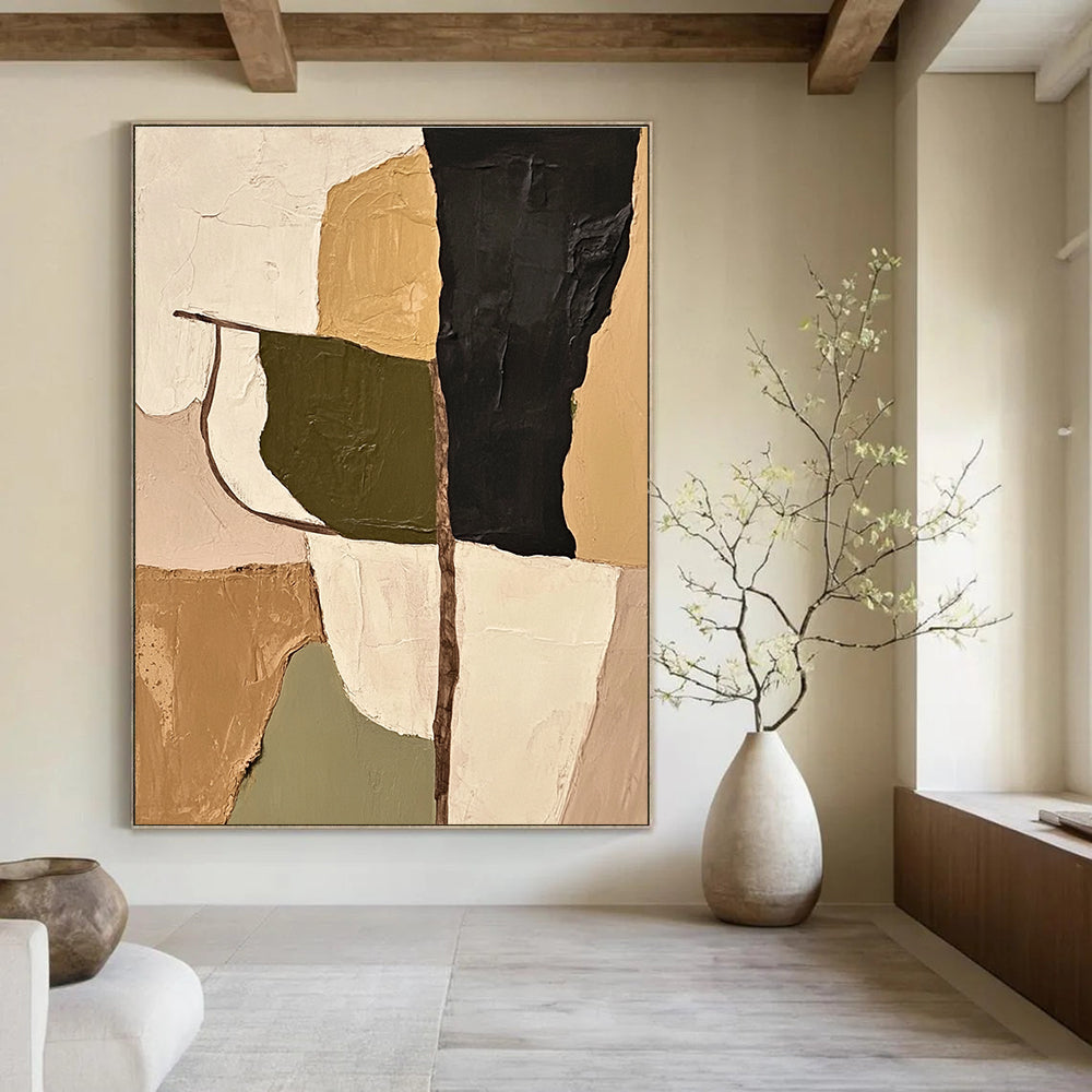 Large abstract painting featuring olive green beige and black shapes with thick impasto strokes that adds depth and texture to any space.STSC696