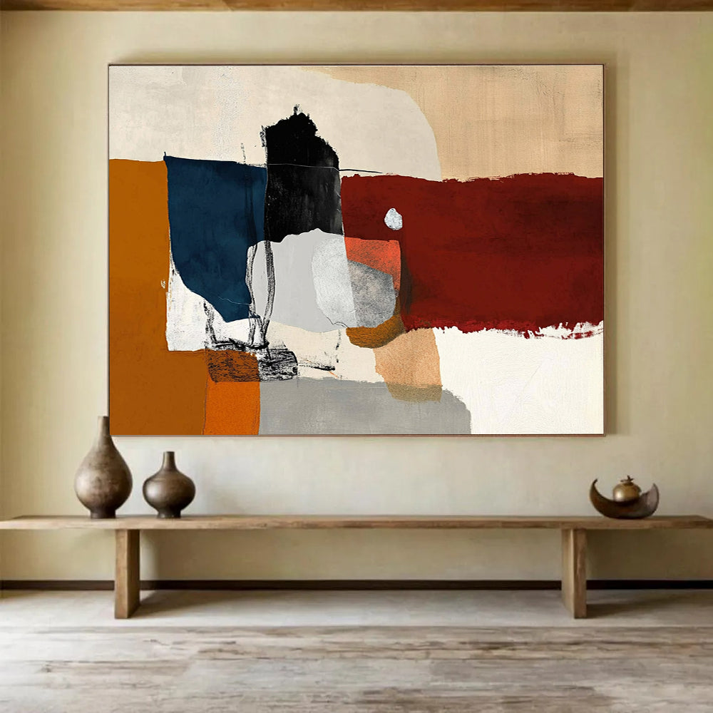 A large abstract painting featuring minimalistic shapes, dark red and orange hues, with white, grey, and blue accents in a loose collage style.SC329