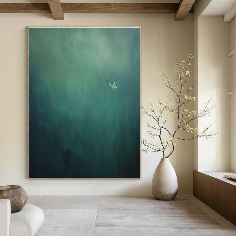 Solitary Bird Abstract Painting with Muted Greens ADGE477