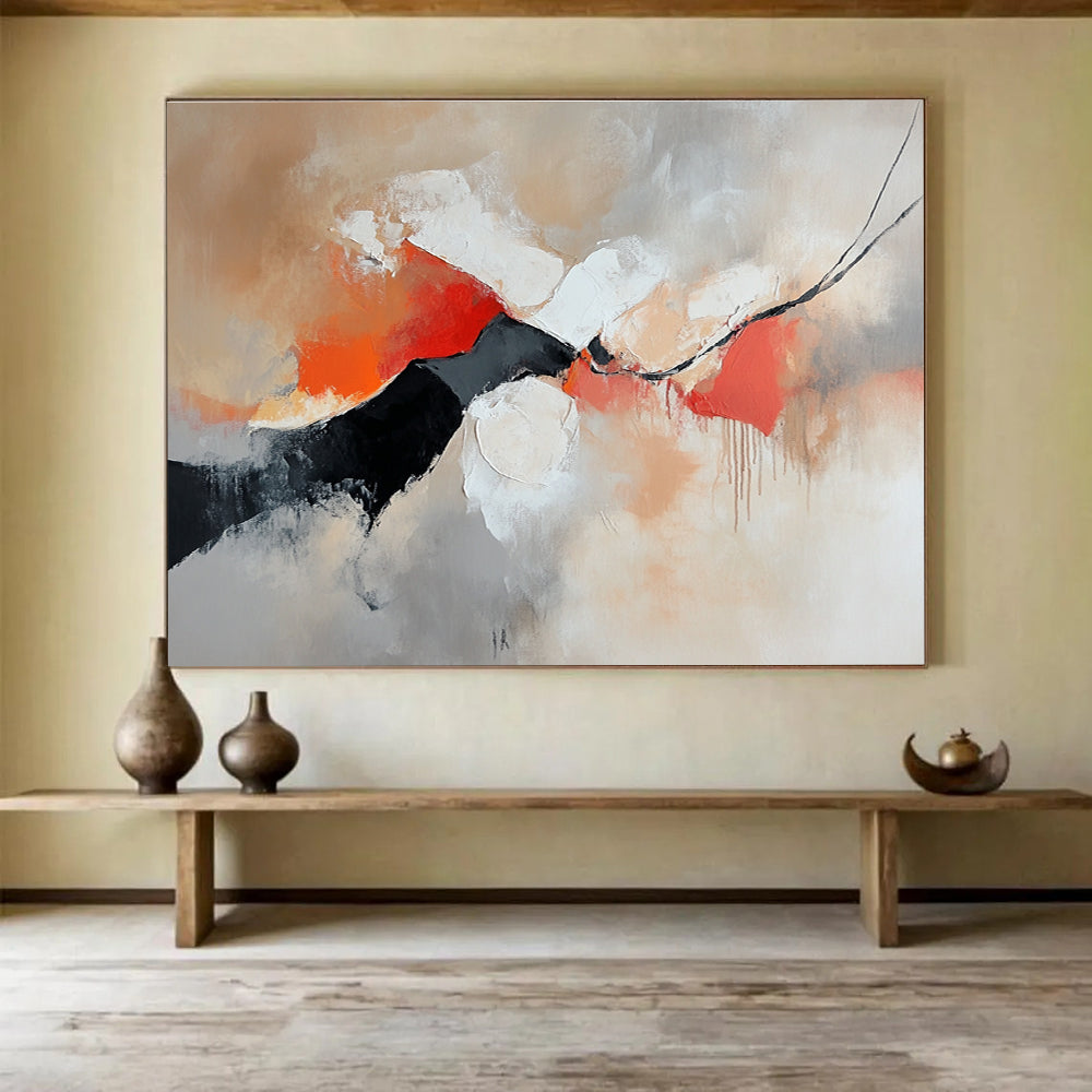 Large abstract painting featuring warm colors and soft shapes on a gray background with emotional expressions in red orange and black tones.SC265