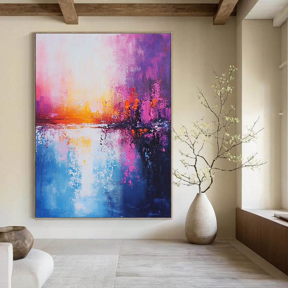 Large Abstract Painting of a tranquil ocean in pink blue and purple tones with a sunset warm cool palette and detailed brushstrokes on canvas.STSC265