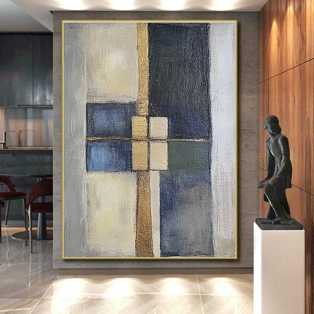 Blue Gold Abstract Painting with Structured Forms GER814