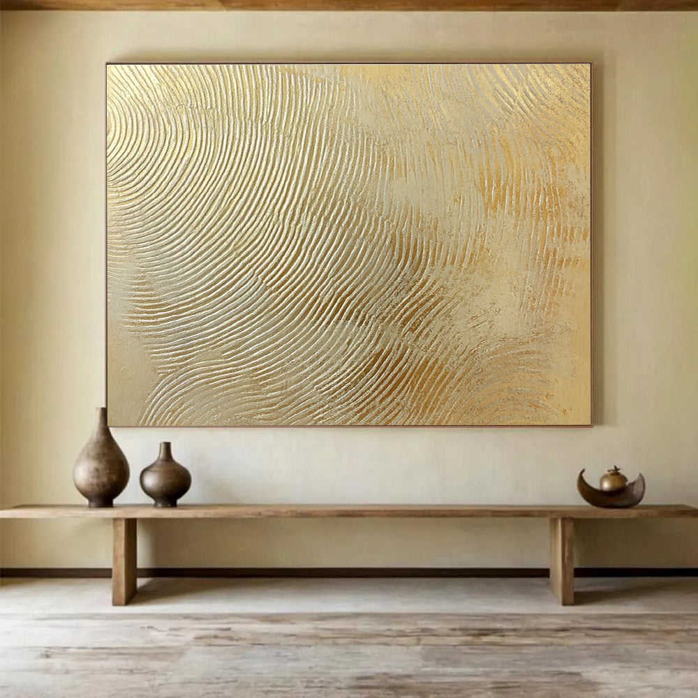 This large abstract painting features intricate wavy lines in gold and silver, creating a textured depth that enhances visual interest for design projects.SC559