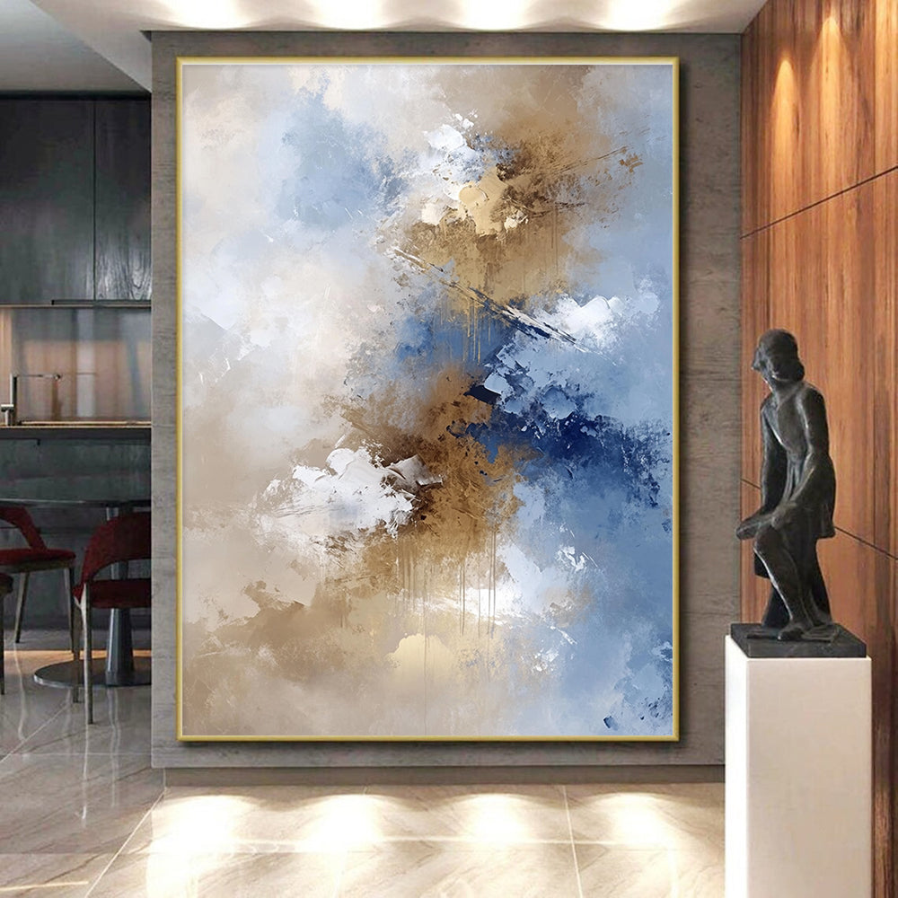 Blue Beige and Gold Abstract Painting with Flowing Textures GER662