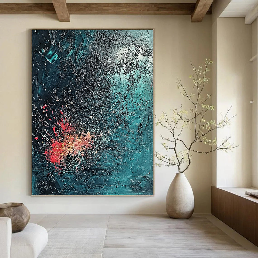 Large Abstract Painting with a Textured Surface in Dark Blue and Emerald Green evoking a Mysterious Deep Sea Atmosphere with Coral Reef Hints.STSC734