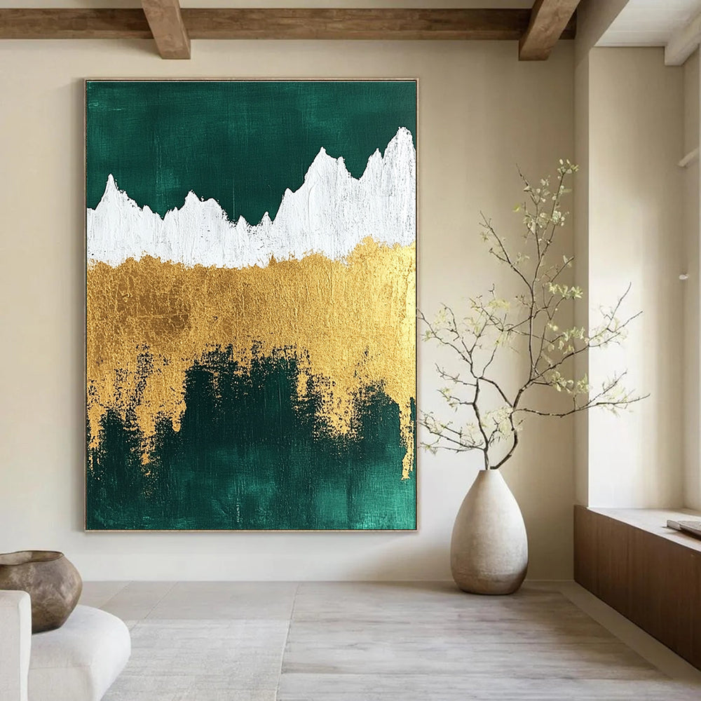 Abstract painting featuring metallic gold foil texture with emerald green background and white mountain silhouette for a striking visual impact.STSC067