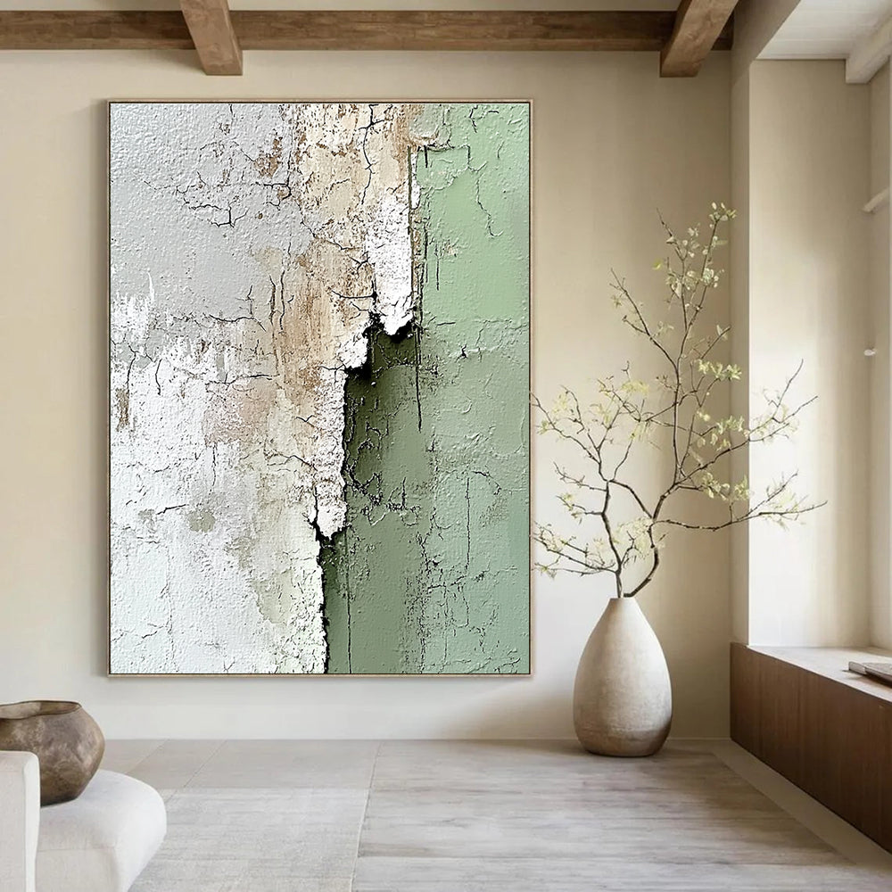 Large abstract painting with impasto texture in sage green and white showcasing peeling paint details for a unique artistic touch.STSC384