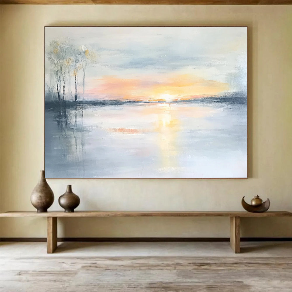 Soft Sunset Lake Abstract Painting with Pastel Hues and Reflections DYP242