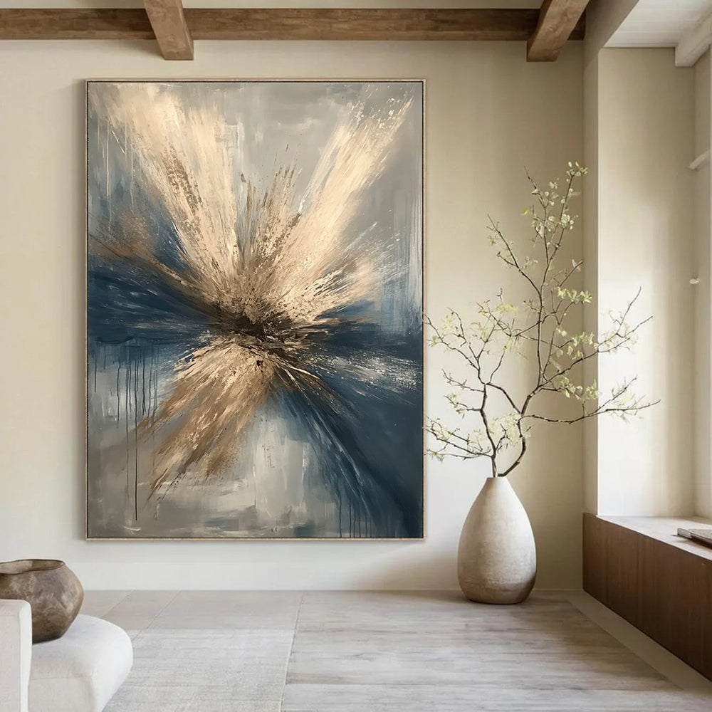Large abstract painting depicting a winter tornado in beige and dark blue with gray background featuring a detailed metallic focal point suggesting destruction.STSC644