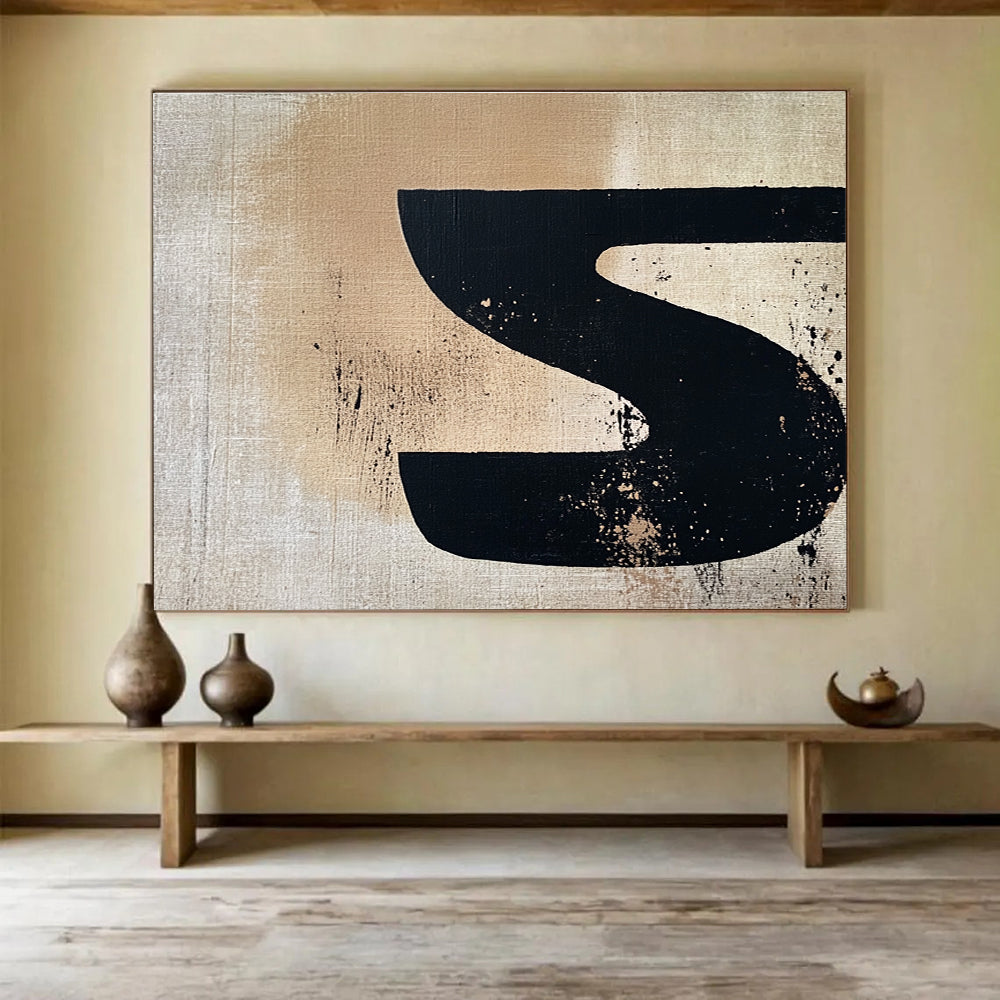 Black S - Shaped on Beige Abstract Painting DYP094