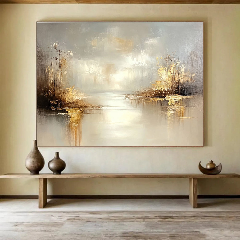 Large abstract oil painting of a misty lake featuring grey and beige tones with stunning gold accents for a serene ambiance.SC117