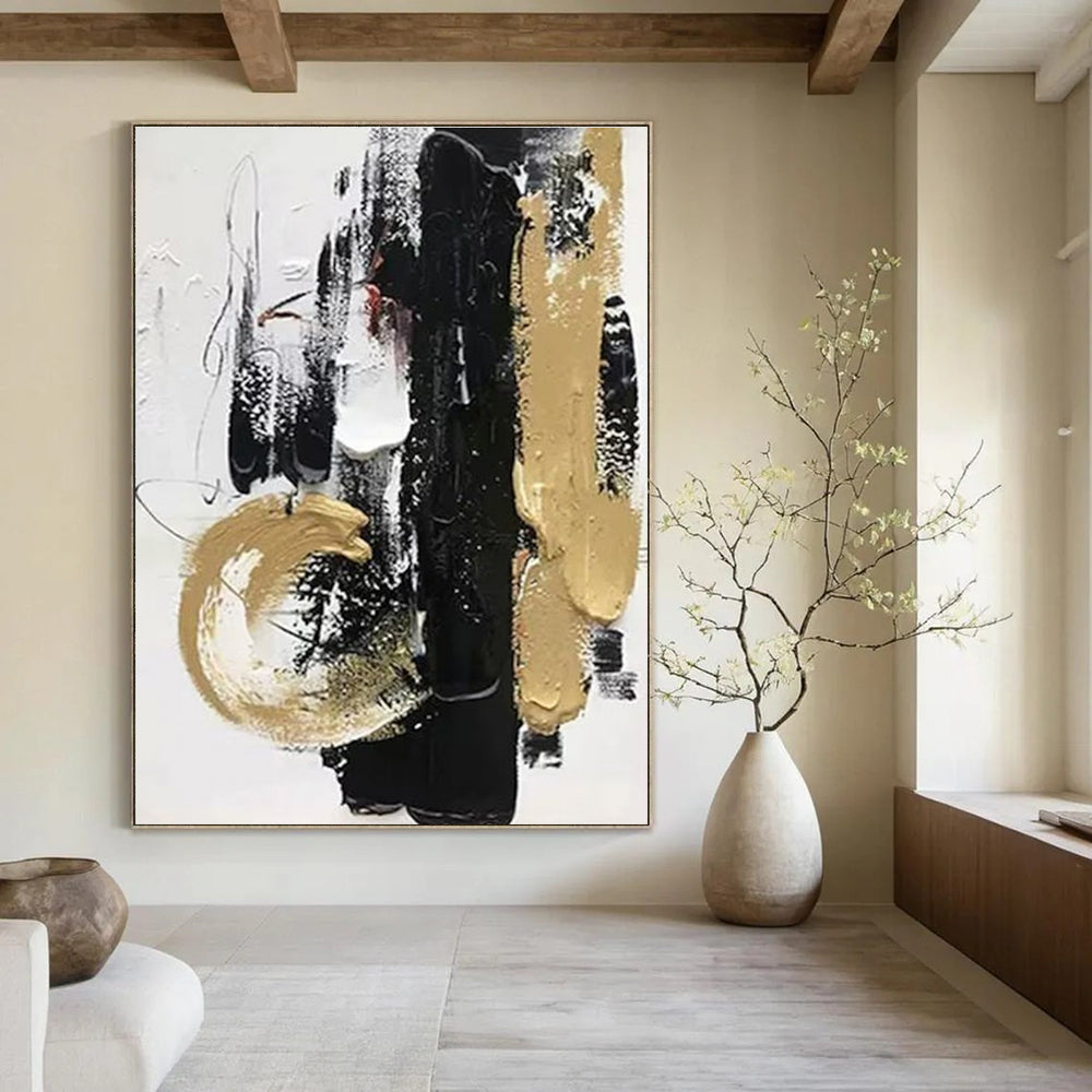 Black Gold and White Abstract Painting with Textured Layers ADGE146