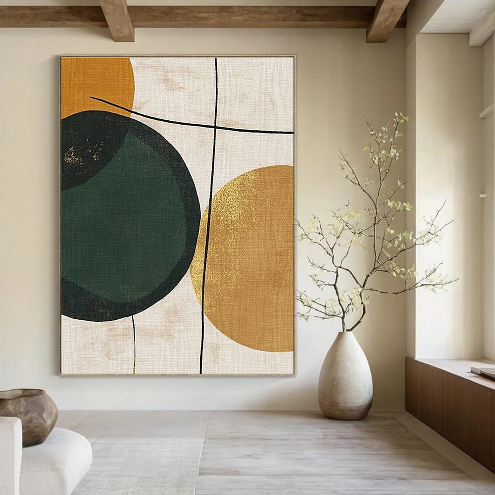 Large abstract painting featuring a green circle on a beige background with gold lines brown circles and minimalist black line drawings in organic forms.STSC467