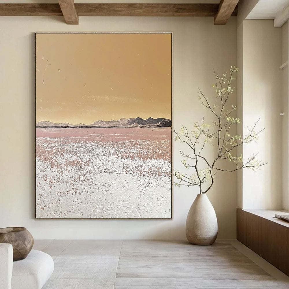 Large abstract painting depicting a serene desert landscape with pastel tones and a textured surface showcasing an endless sea of salt crystals.STSC979