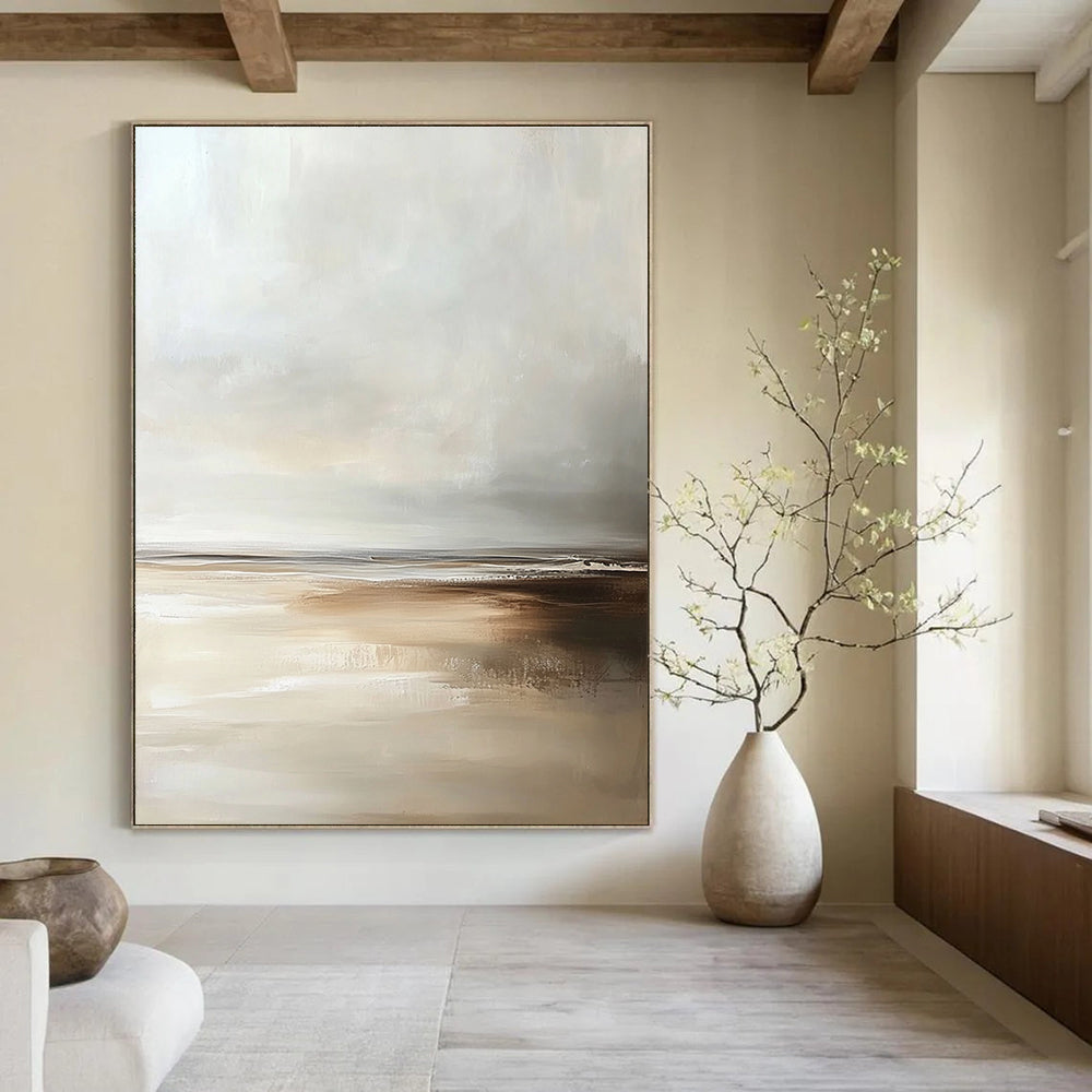 Large Abstract painting depicting a beach scene in muted tones with soft focus and an emphasis on enchanting light at the horizon.STSC018