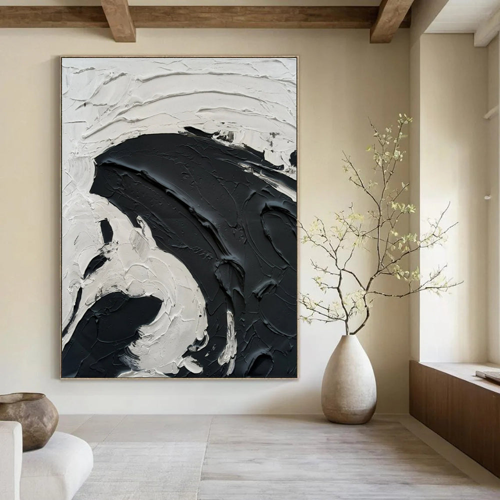 Black and White Bold Textured Swirl Abstract Painting ADGE389