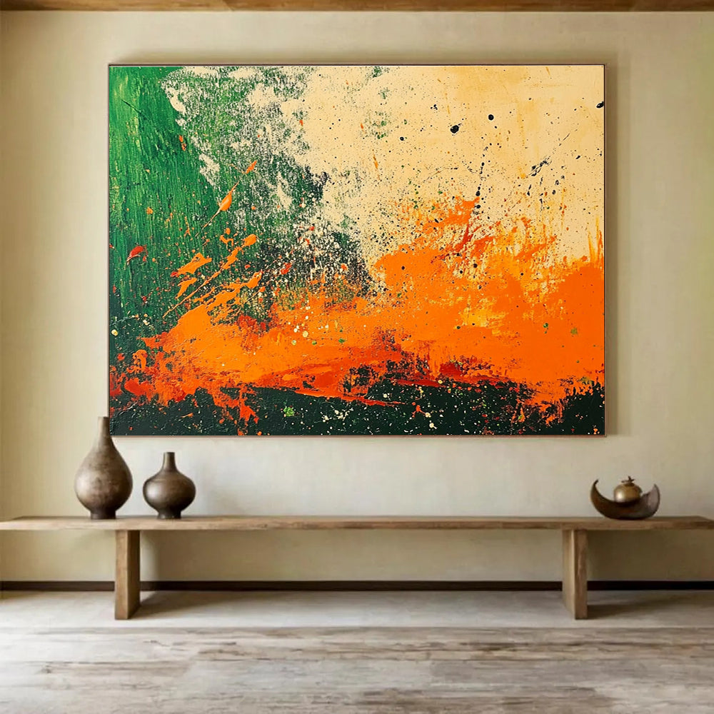 Energetic Splatter Abstract Painting with Green and Orange DYP223
