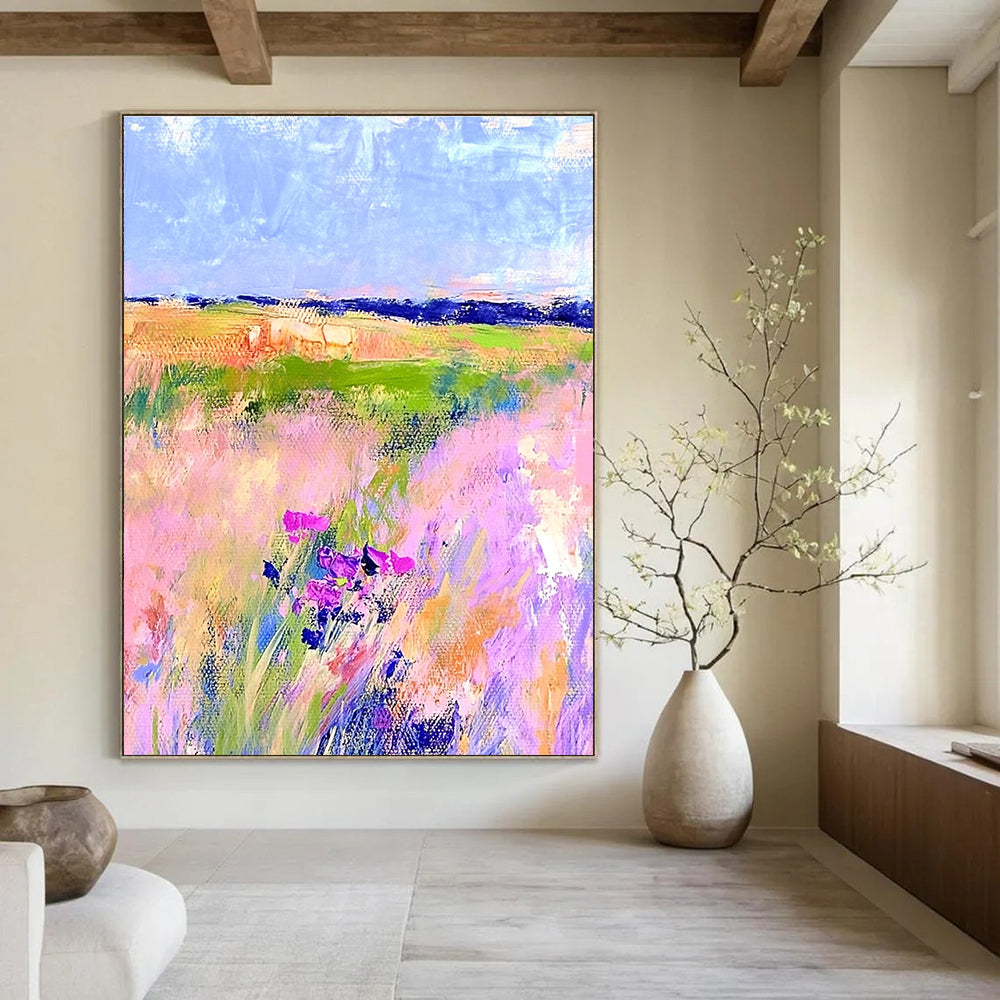 Large abstract painting in Matisse style with pastel hues vibrant colors and broad brushstrokes capturing the essence of springtime nature.STSC1018