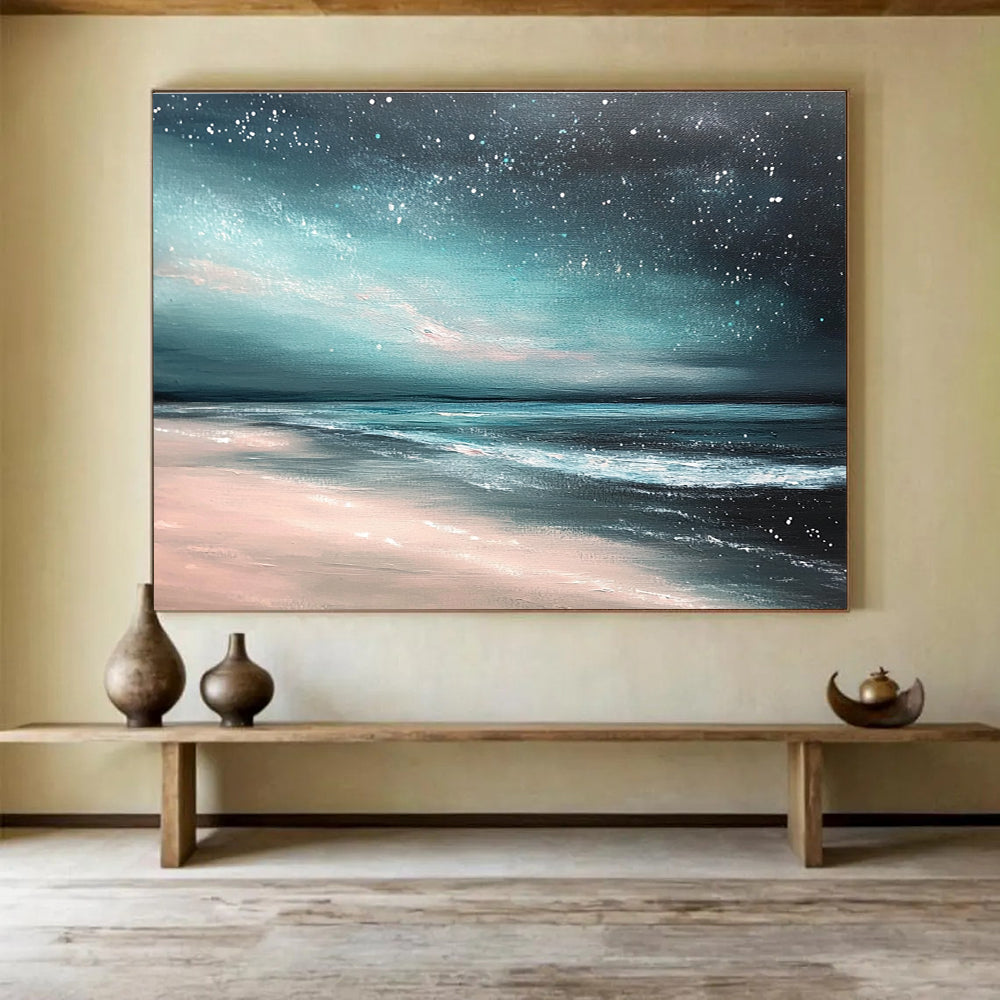 An abstract painting featuring a light teal and dark gray sky with stars, capturing a serene nighttime beach atmosphere.SC398