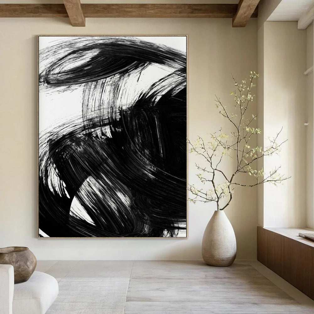 Black Ink Abstract with Expressive Brushstrokes Painting ADGE195