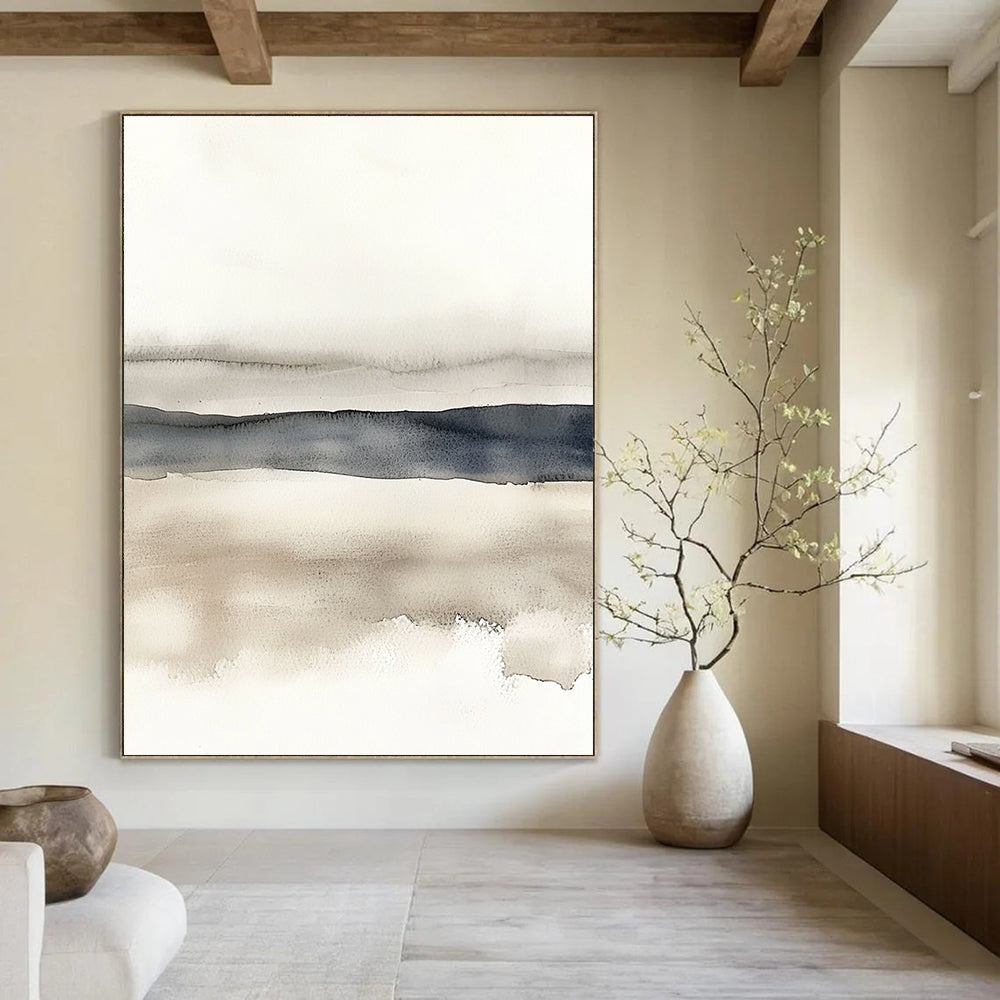 Large abstract watercolor in neutral tones featuring beige grey and navy blue on a white background with horizontal lines for a minimalist landscape.STSC496