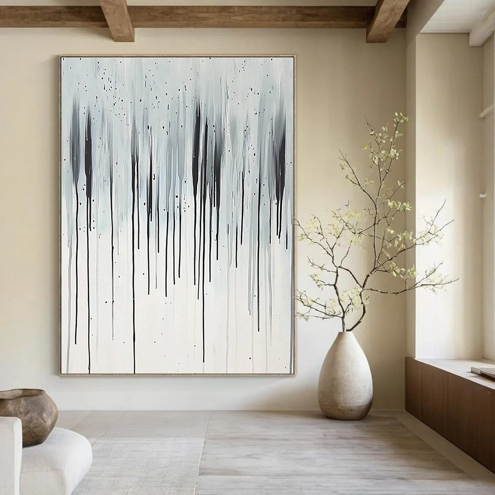 Large abstract painting featuring vertical thin lines in black and white with rain elegantly cascading from the sky.STSC357