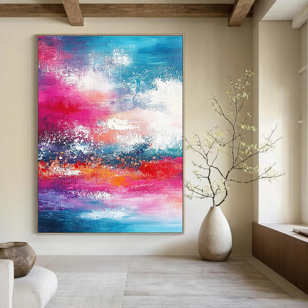 Large abstract painting featuring shades of red pink and teal with bold brush strokes of sky and sea in the background.STSC116