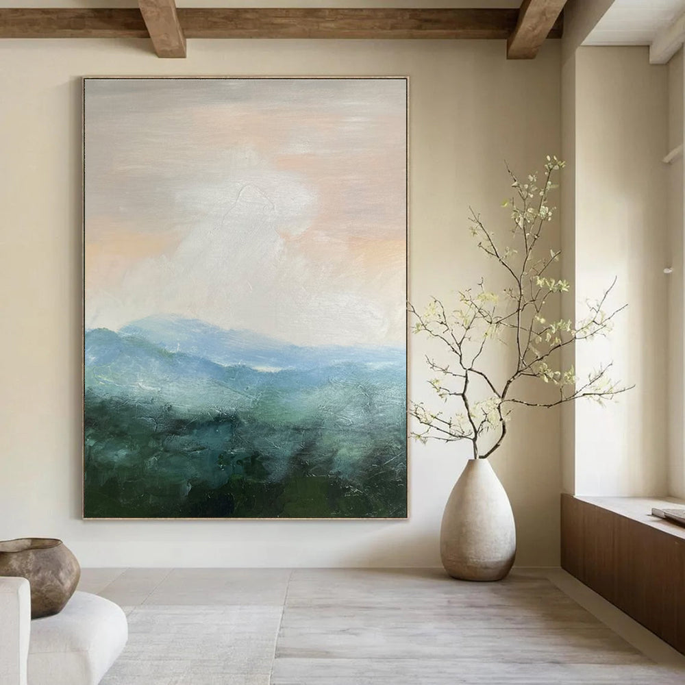 Soft Pink Blue Green Misty Mountain Abstract Painting ADGE010