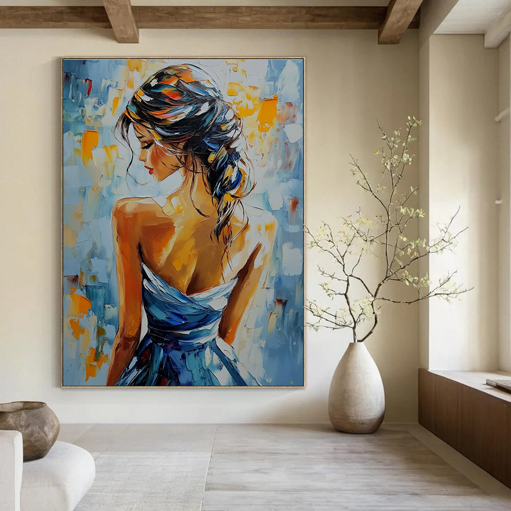 A large abstract painting featuring a woman in an elegant dress with vibrant colors and rich texture, capturing beauty and grace.STSC903