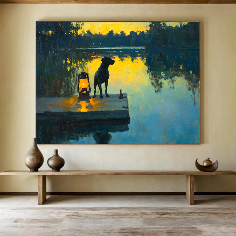Dog by the Lake at Sunset Realistic - Abstract Painting with Warm Yellows DYP591