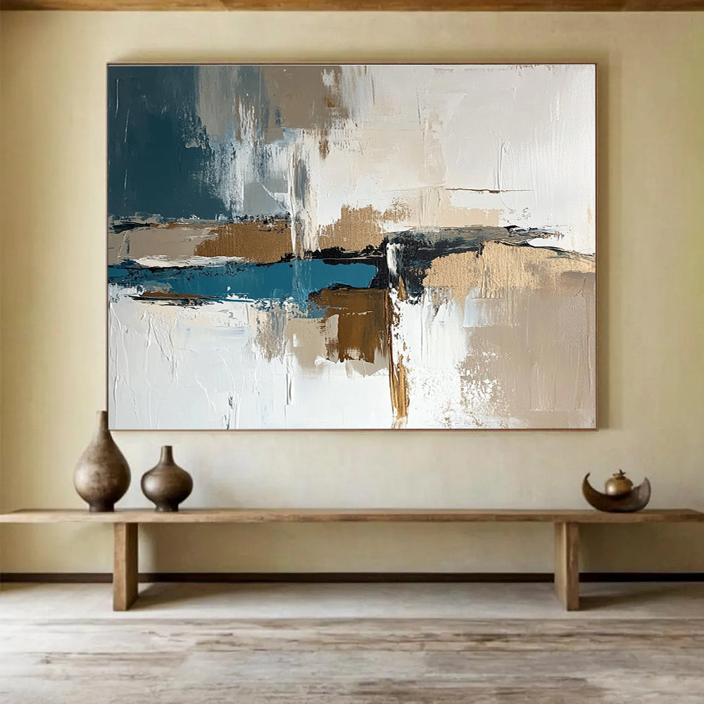 Large abstract painting in white and brown with teal accents featuring thick brush strokes and neutral tones perfect for modern decor.SC313