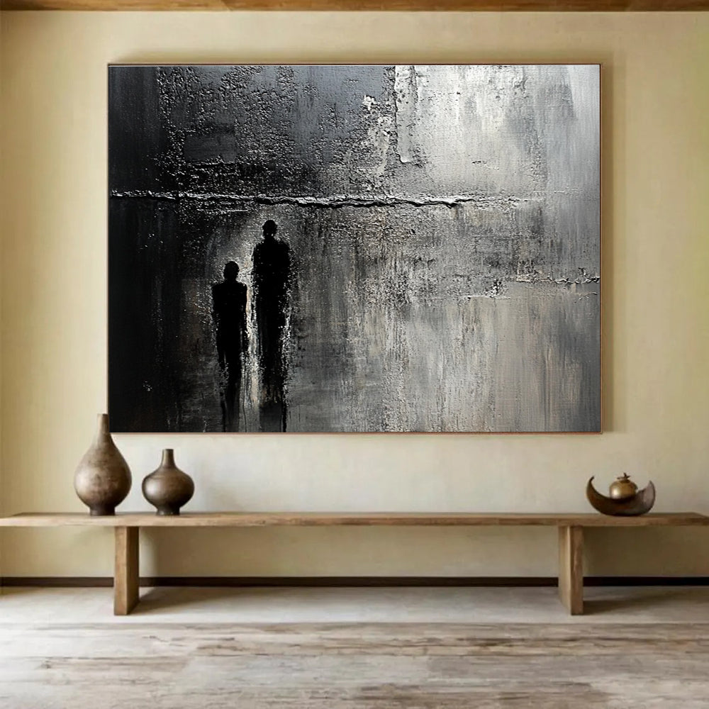 Abstract painting of an old textured wall with cracks and stains, featuring a faint silhouette, evoking mystery and deep emotion.SC446