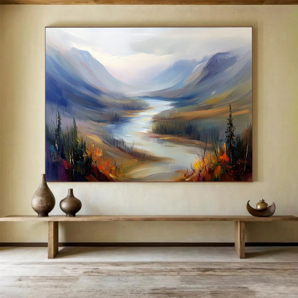 Large abstract painting of a misty Northern Canada river landscape featuring rolling hills and mountains in a warm color palette with soft brush strokes.SC405