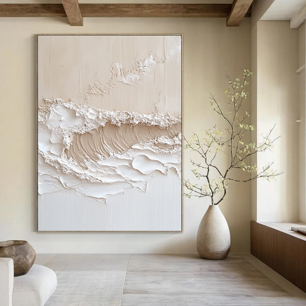 Large abstract painting of textured waves in neutral tones with thick impasto technique for a captivating wall art statement.STSC1212