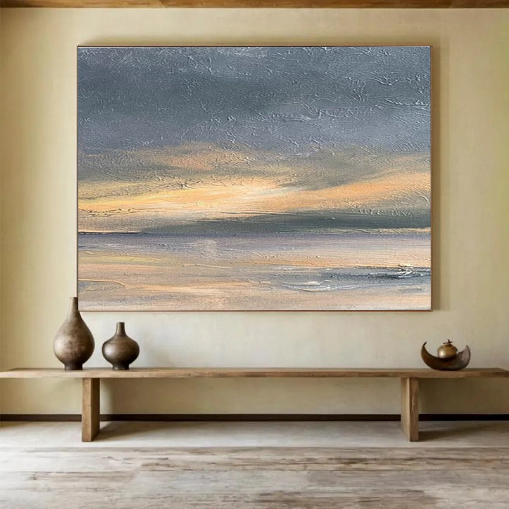 Textured Grey Orange Sea Sunset Abstract Painting THY016