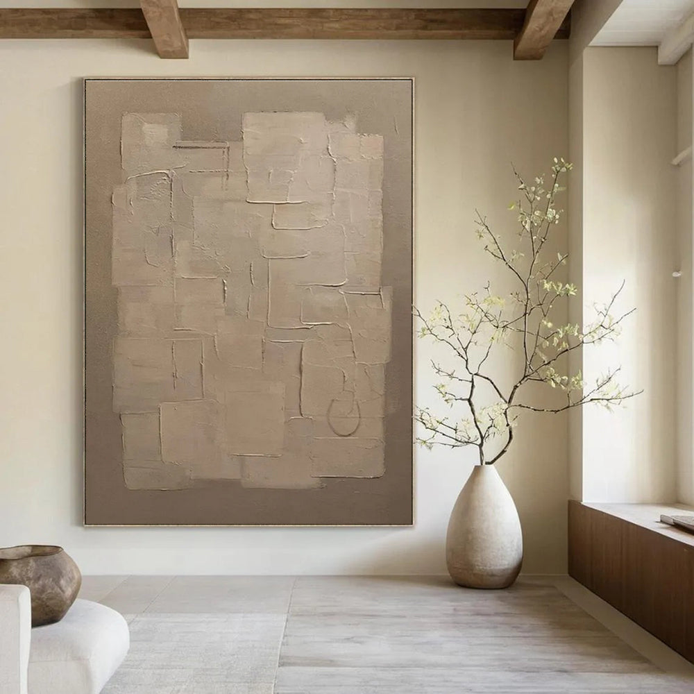 Beige Patchwork Abstract Painting with Gentle Textures ADGE489