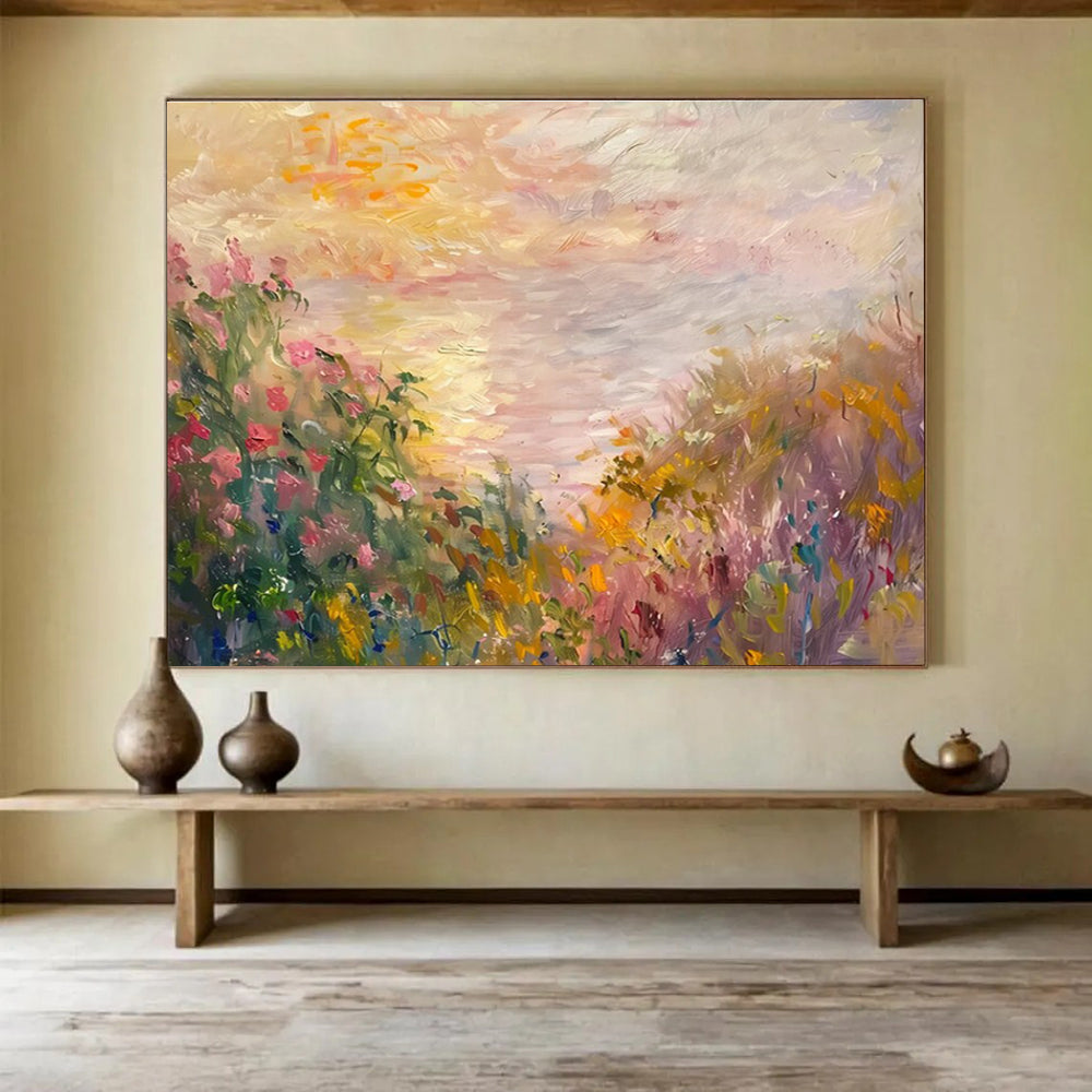 Flower Field Sunset Abstract Painting with Pink, Yellow, and Purple Hues THY195