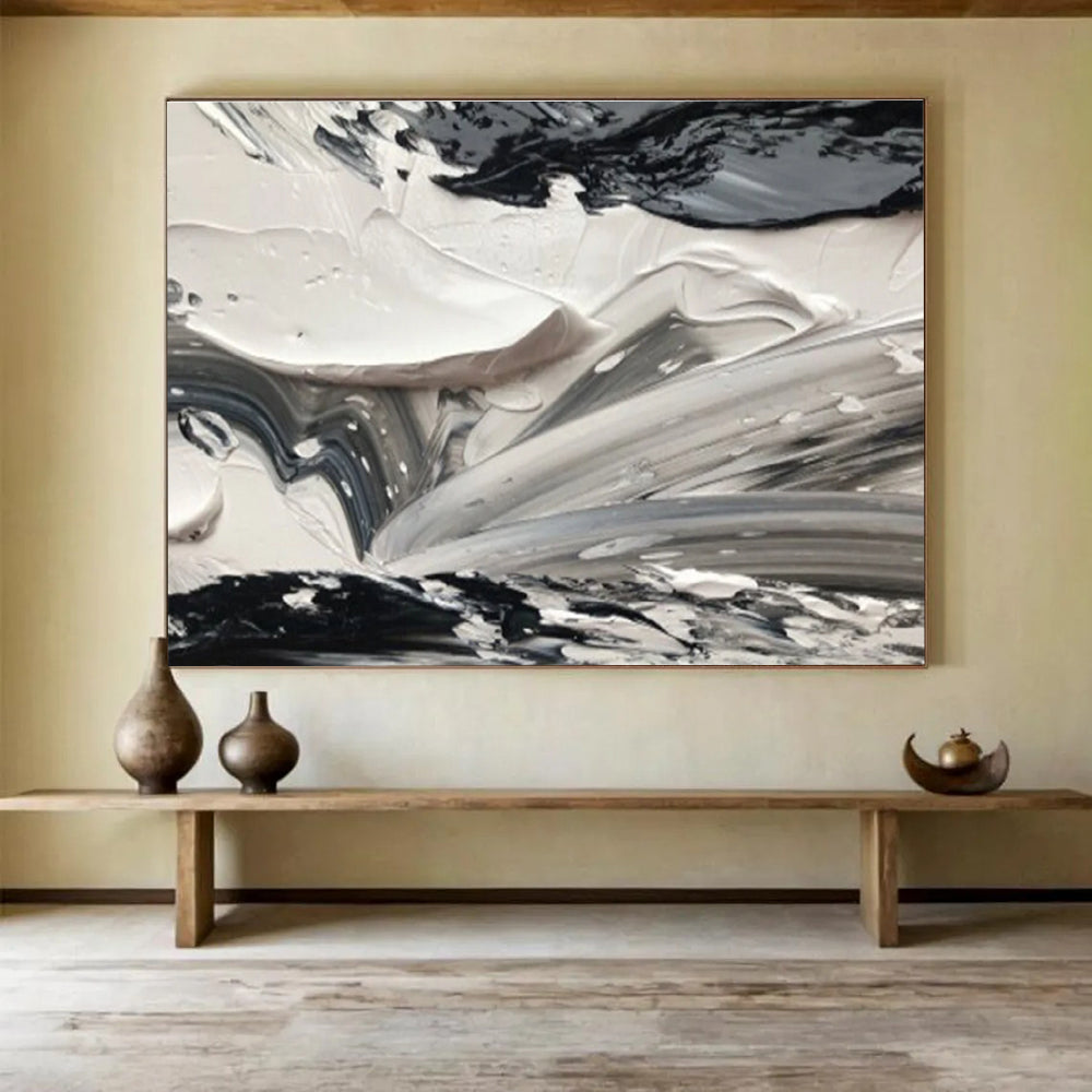 Monochrome Texture Abstract Painting with Black and White Swirls THY314