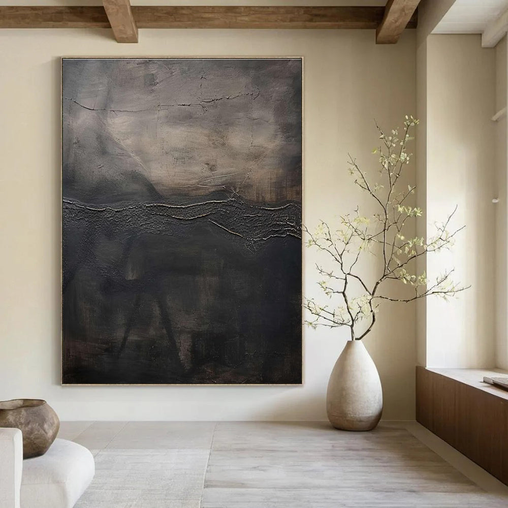 Dark Textured Abstract Painting with Layered Cracks ADGE515