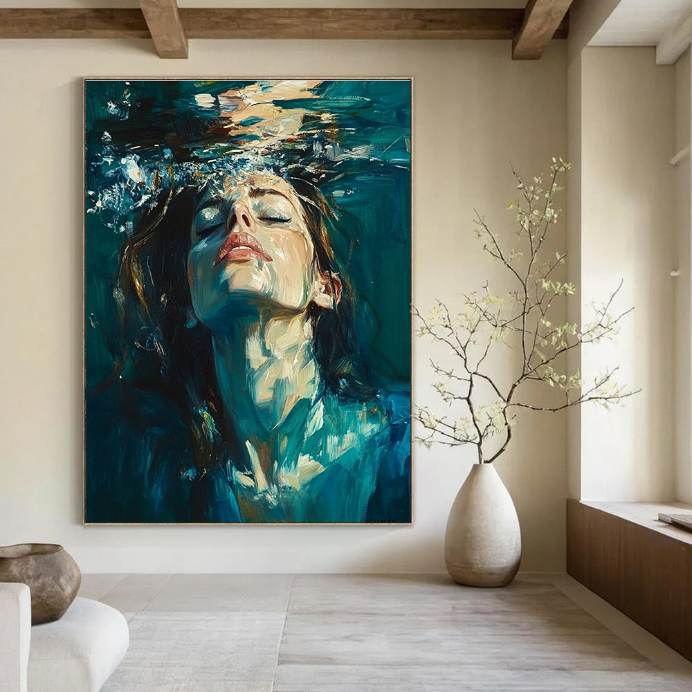 Abstract oil painting of a woman underwater with long hair and a blue-green attire against a dark teal background.STSC179
