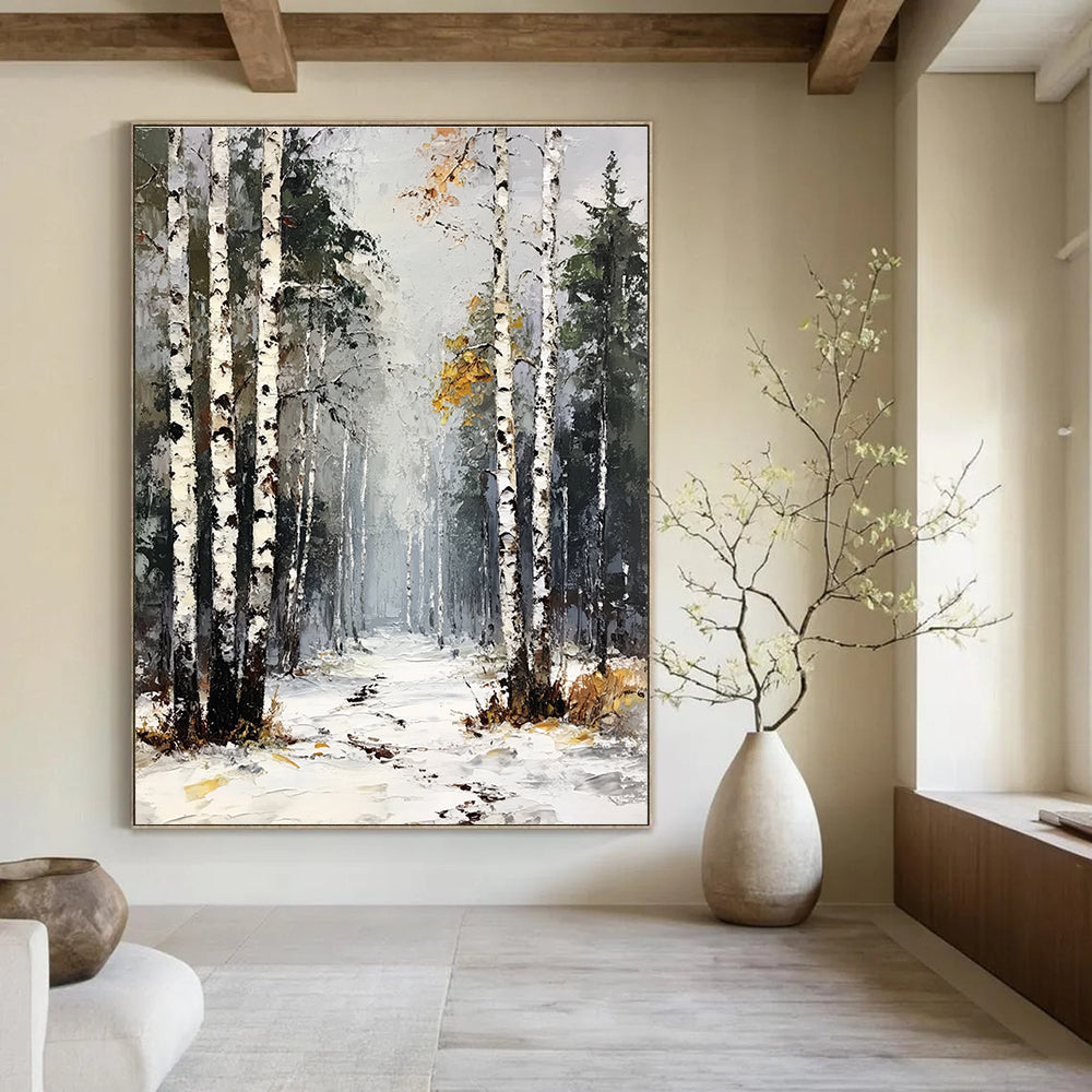 Large abstract painting of a birch forest with white trees green pines and yellow leaves under a gray sky with snow and frost on the ground.STSC1386