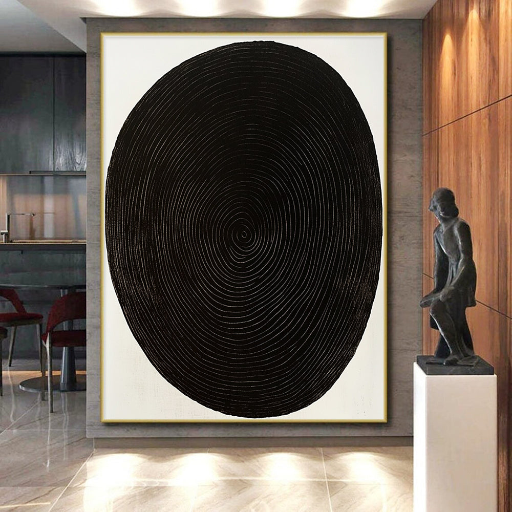 Black Oval with White Rings Abstract Painting on White Background GER021